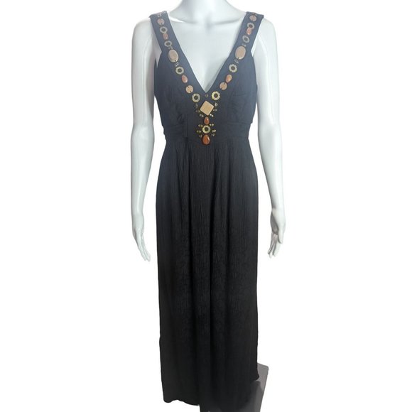 Jax Black Maxi Dress Beaded Boho Embellishments Flowy Tie Waist V Neck sz 10 - Picture 1 of 12